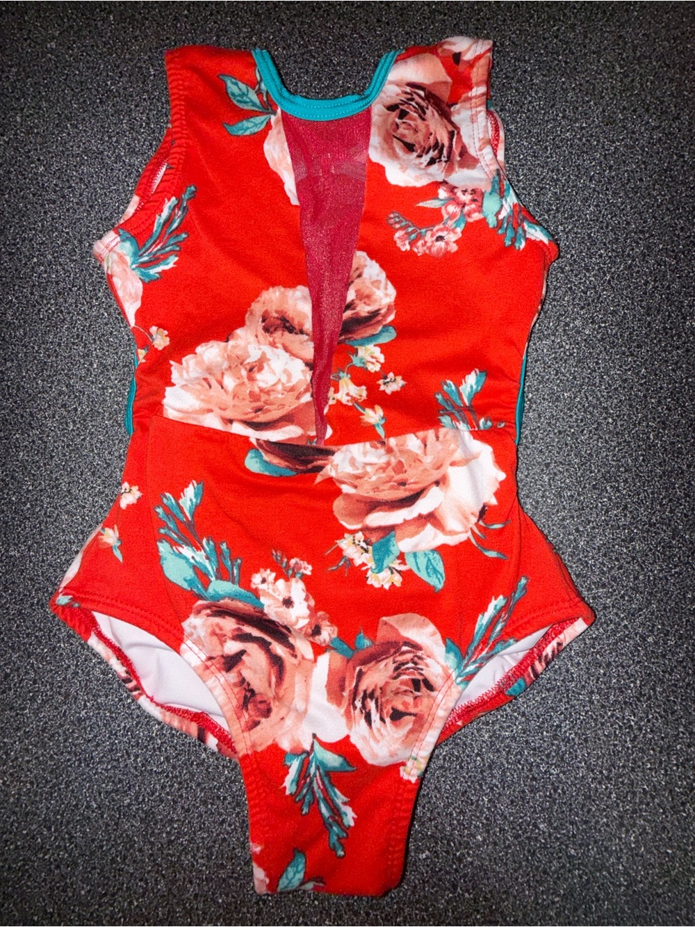 Chelsea B Red Floral One-Piece Leotard with Teal Trim Size Child Medium